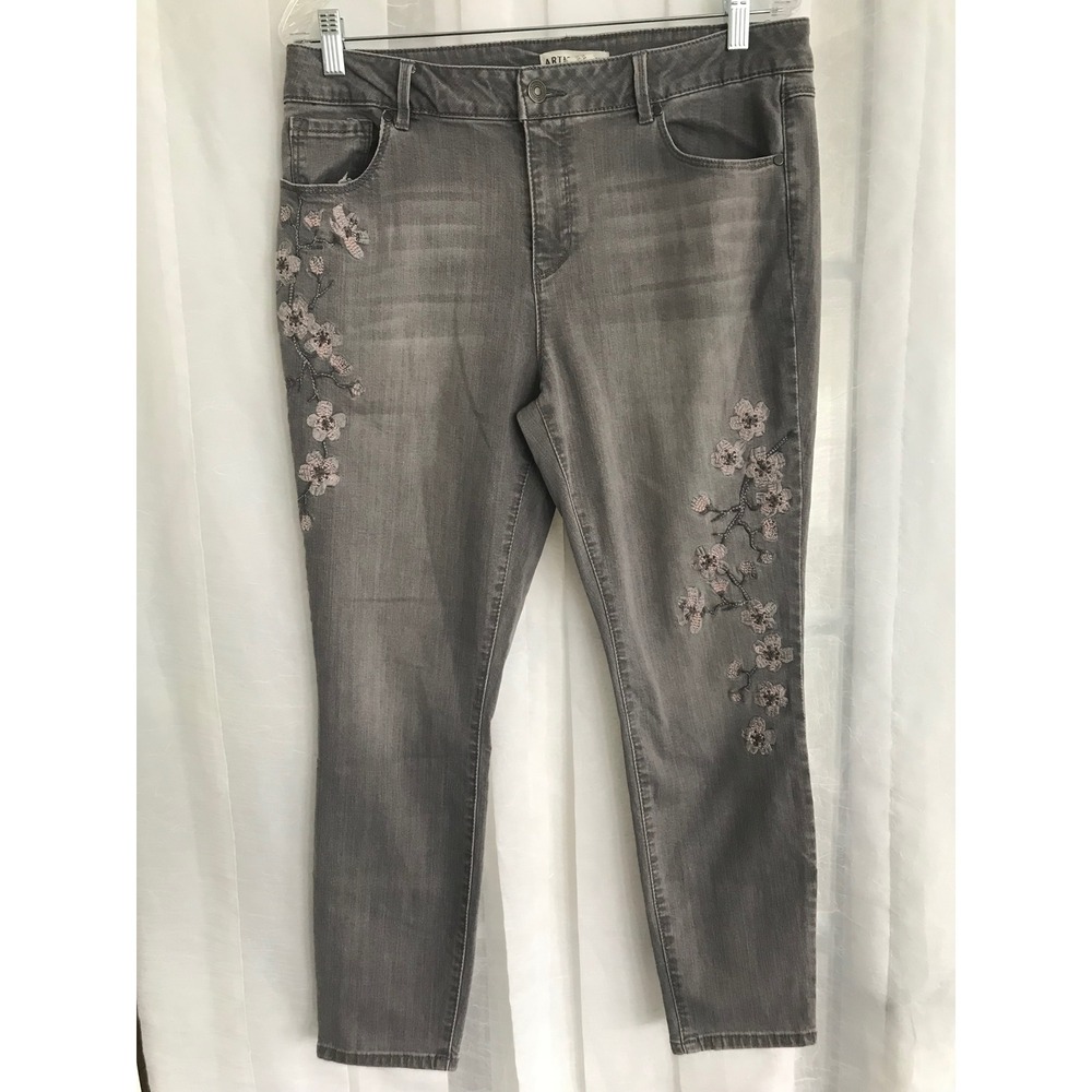 Artisan NY Womens Grey Floral Embroidered Skinny‎ Jeans Size 14 Stretch Denim